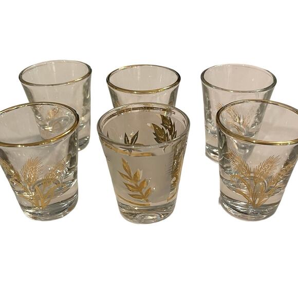 Vintage MCM Shot Glasses Set of 6 Anchor Hocking and Libbey Clear & Gold Wheat - Picture 1 of 10